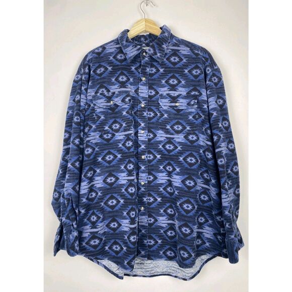 Ely Cattleman Mens XL Long Sleeve Button Up Cotton Flannel Aztec Blue - Picture 1 of 3